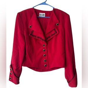 City Girl Nancy Bolen Red Tailored Blazer with Black Velvet Buttons